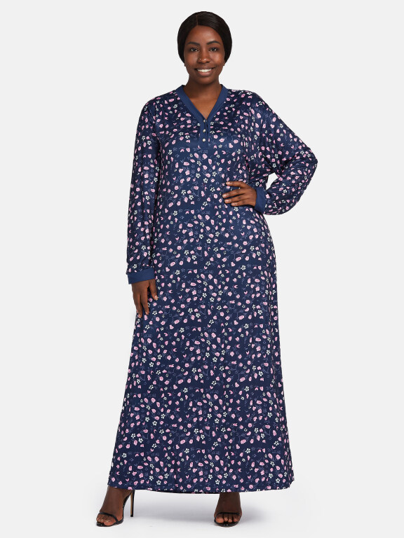 Women's Vintage V Neck Long Sleeve Button Front Allover Floral Print Maxi Nightgown, Clothing Wholesale Market -LIUHUA, WOMEN, Sleepwear