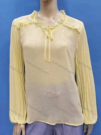 Wholesale Women's Casual Plain Ruffle Neck Puff Sleeve See Through Ruffle Trim Blouse
