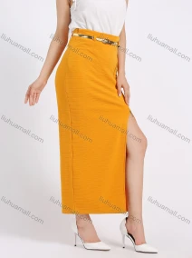 Wholesale Women's Elegant Plain Split Thigh High Waist Maxi Skirt With Belt, LIUHUA CLOTHING WHOLESALE
