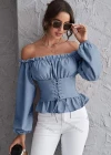Wholesale Women's Fashion Ruffle Trim Off Shoulder Lace Up Long Sleeve Blouse - Liuhuamall