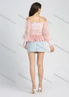 Wholesale Women's Off Shoulder Ruffled Trim Splicing Lantern Sleeve Shirred Plain Blouse - Liuhuamall