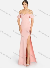 Wholesale Women's Glamorous Plain Cold Shoulder Ruffle Trim Rhinestone Split Thigh Spaghetti Strap Evening Dress 96052#, LIUHUA CLOTHING WHOLESALE