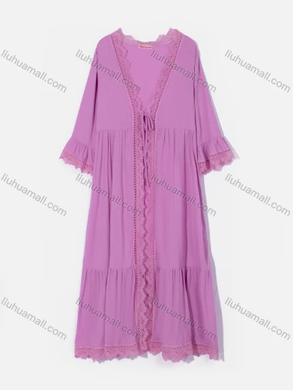 Wholesale Women's Flowy 3/4 Sleeve Open Front Lace Trim Beachwear Long Cardigan Cover Up