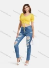 Wholesale Women's Casual Plain V Neck Drawstring Ruched Lantern Sleeve Crop Blouse - Liuhuamall