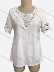 Wholesale Woman's Casual Crew Neck Short Sleeve Hollow Out Floral Guipure Lace Pearl Plain Tunic Top, LIUHUA CLOTHING WHOLESALE