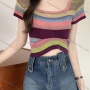 Wholesale Women's Casual Square Neck Short Sleeve Colorblock Slim Fit Crop Top 8108# preview