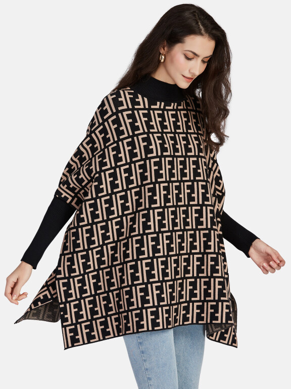 Women's Casual High Neck Split Side Loose Fit Allover Print Cape 1206#, Clothing Wholesale Market -LIUHUA, All Categories