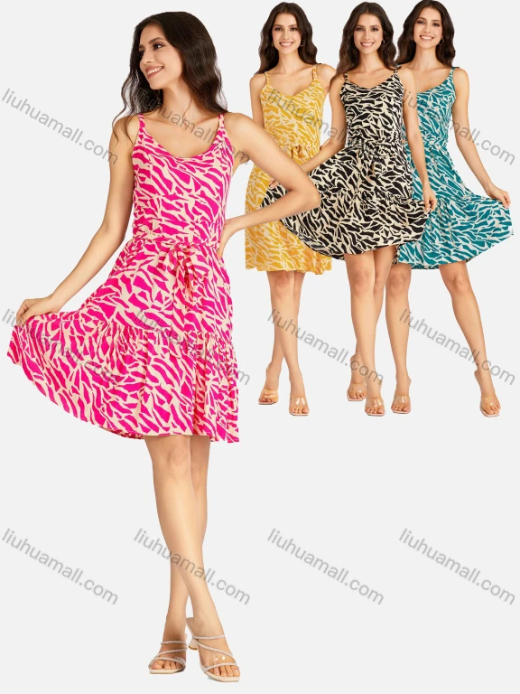 Wholesale Women's Casual Allover Print Shirred Backless Short Cami Dress With Belt