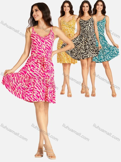 Wholesale Women's Casual Allover Print Shirred Backless Short Cami Dress With Belt