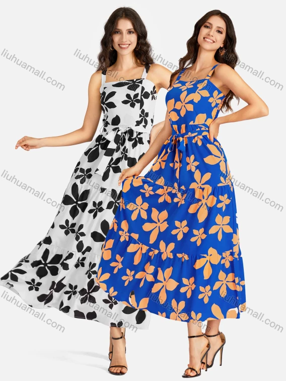 Wholesale Women's Casual Square Neck Floral Print Shirred Ruffle Hem Maxi Cami Dress With Belt, Guangzhou Clothing Wholesale Market & Suppliers - LIUHUAMALL, Women