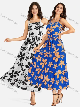 Wholesale Women's Casual Square Neck Floral Print Shirred Ruffle Hem Maxi Cami Dress With Belt, Guangzhou Clothing Wholesale Market & Suppliers - LIUHUAMALL