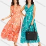 Wholesale Women's Casual Floral Print V Neck Button Decors Shirred Elastic Waist Ruffle Hem Maxi Tank Dress preview