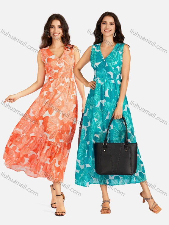 Wholesale Women's Casual Floral Print V Neck Button Decors Shirred Elastic Waist Ruffle Hem Maxi Tank Dress, Guangzhou Clothing Wholesale Market & Suppliers - LIUHUAMALL, Women