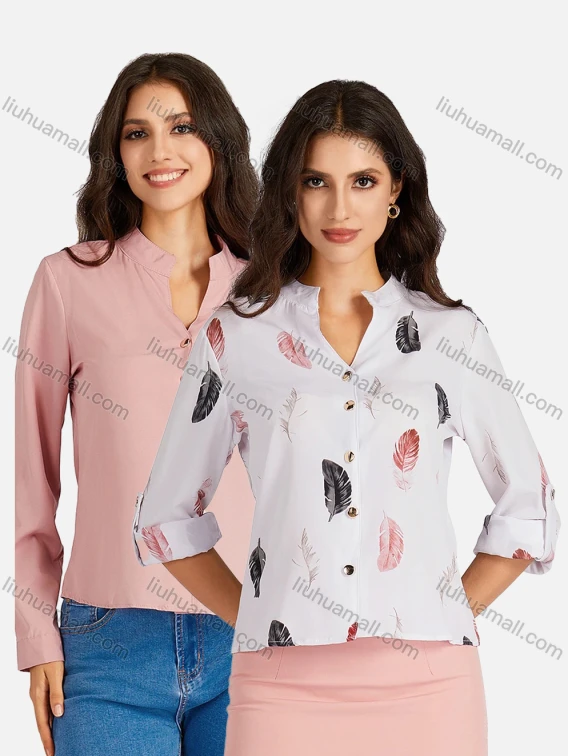 Wholesale Women's Casual Allover Print & Plain Notched Neck Long Sleeve Buttons Down Blouse, Guangzhou Clothing Wholesale Market & Suppliers - LIUHUAMALL, 