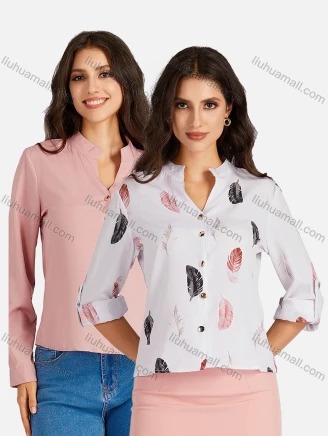 Wholesale Women's Casual Allover Print & Plain Notched Neck Long Sleeve Buttons Down Blouse, Guangzhou Clothing Wholesale Market & Suppliers -LIUHUAMALL