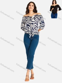 Wholesale Women's Casual Zebra Print & Plain Off Shoulder Ruffle Trim 3/4 Sleeve Blouse, LIUHUA CLOTHING WHOLESALE