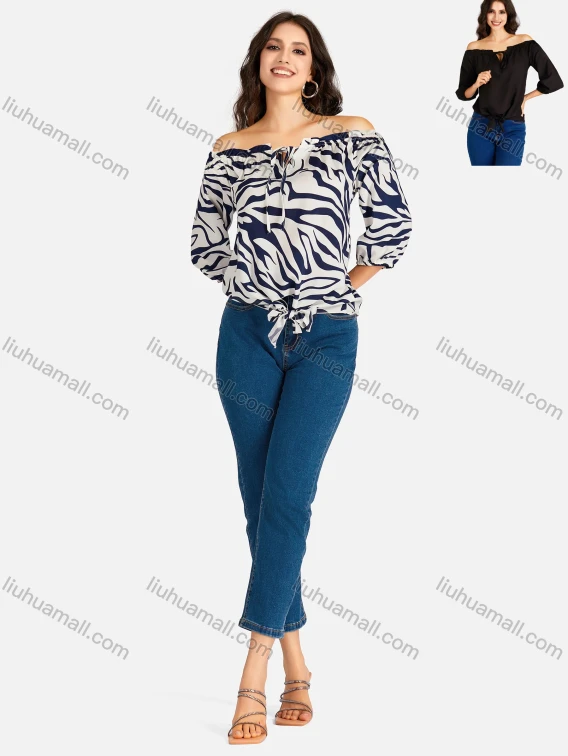 Wholesale Women's Casual Zebra Print & Plain Off Shoulder Ruffle Trim 3/4 Sleeve Blouse, Guangzhou Clothing Wholesale Market & Suppliers - LIUHUAMALL, 