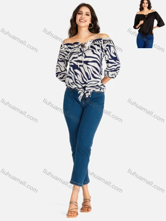 Wholesale Women's Casual Zebra Print & Plain Off Shoulder Ruffle Trim 3/4 Sleeve Blouse, Guangzhou Clothing Wholesale Market & Suppliers - LIUHUAMALL