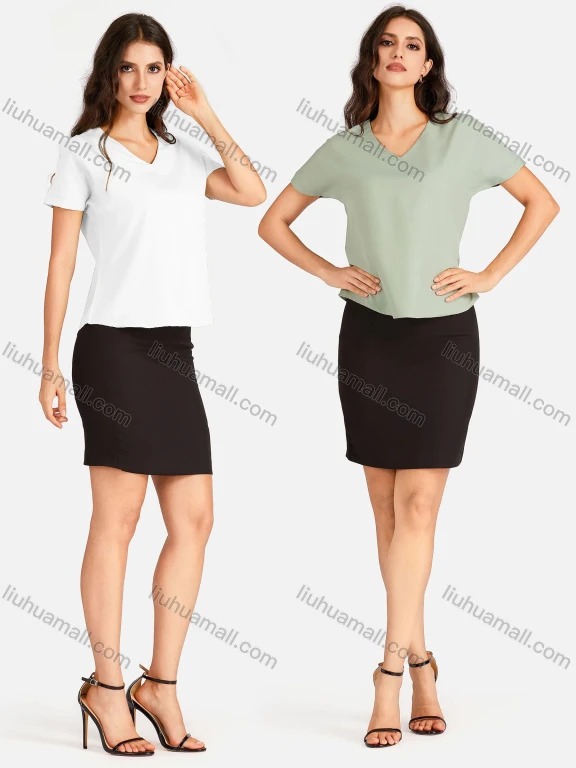 Wholesale Women's Casual Plain V Neck Short Sleeve Tee