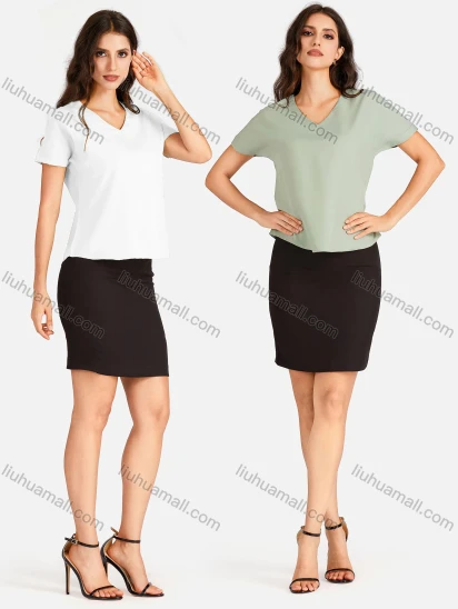Wholesale Women's Casual Plain V Neck Short Sleeve Tee