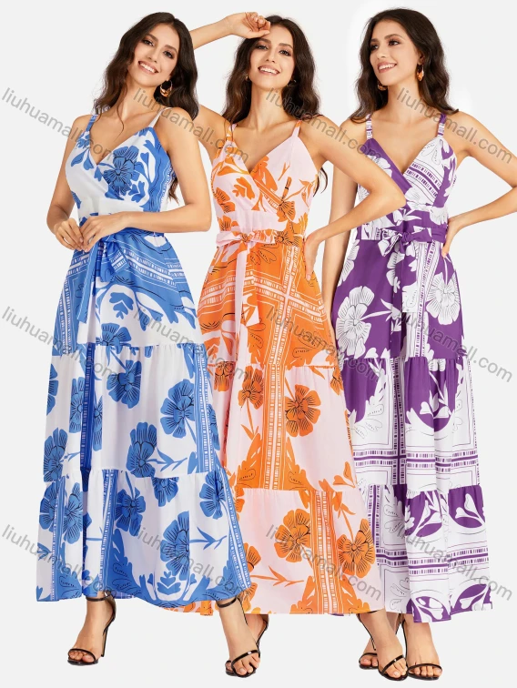Wholesale Women's Casual Elegant Wrap V Neck Shirred Ruffle Hem Maxi Cami Dress With Belt, Guangzhou Clothing Wholesale Market & Suppliers - LIUHUAMALL, 