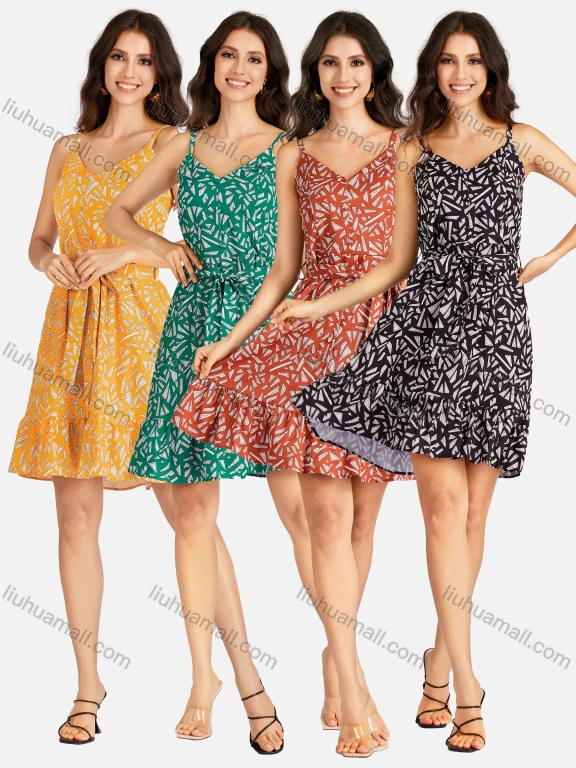 Wholesale Women's Elegant Allover Print V Neck Buttons Front Ruffle Hem Short Cami Dress With Belt