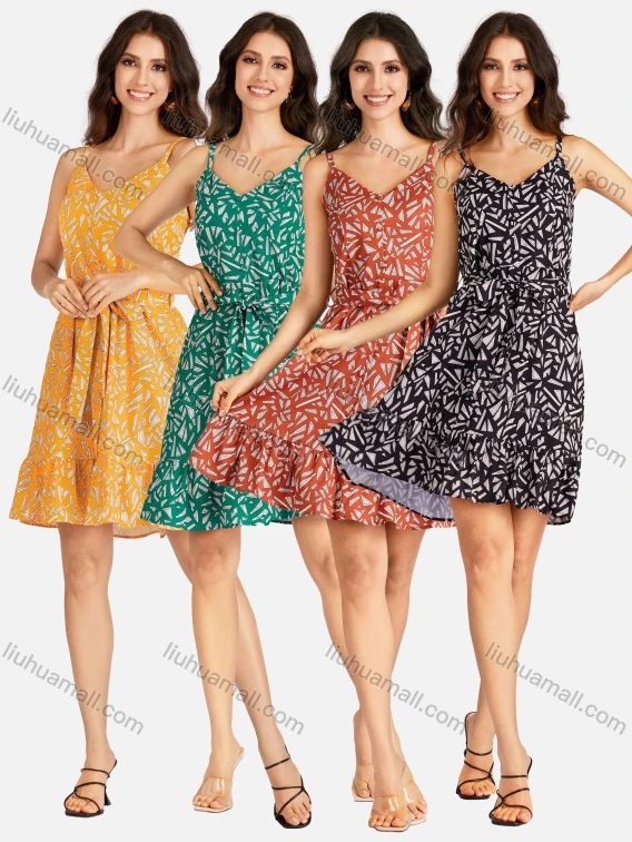 Wholesale Women's Elegant Allover Print V Neck Buttons Front Ruffle Hem Short Cami Dress With Belt, Guangzhou Clothing Wholesale Market & Suppliers - LIUHUAMALL, 