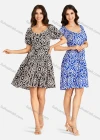 Wholesale Women's Elegant Vintage Print V Neck Lace Trim Shirred Puff Sleeve Ruffle Hem Short Dress - Liuhuamall