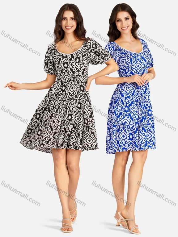 Wholesale Women's Elegant Vintage Print V Neck Lace Trim Shirred Puff Sleeve Ruffle Hem Short Dress