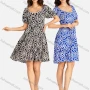 Wholesale Women's Elegant Vintage Print V Neck Lace Trim Shirred Puff Sleeve Ruffle Hem Short Dress preview