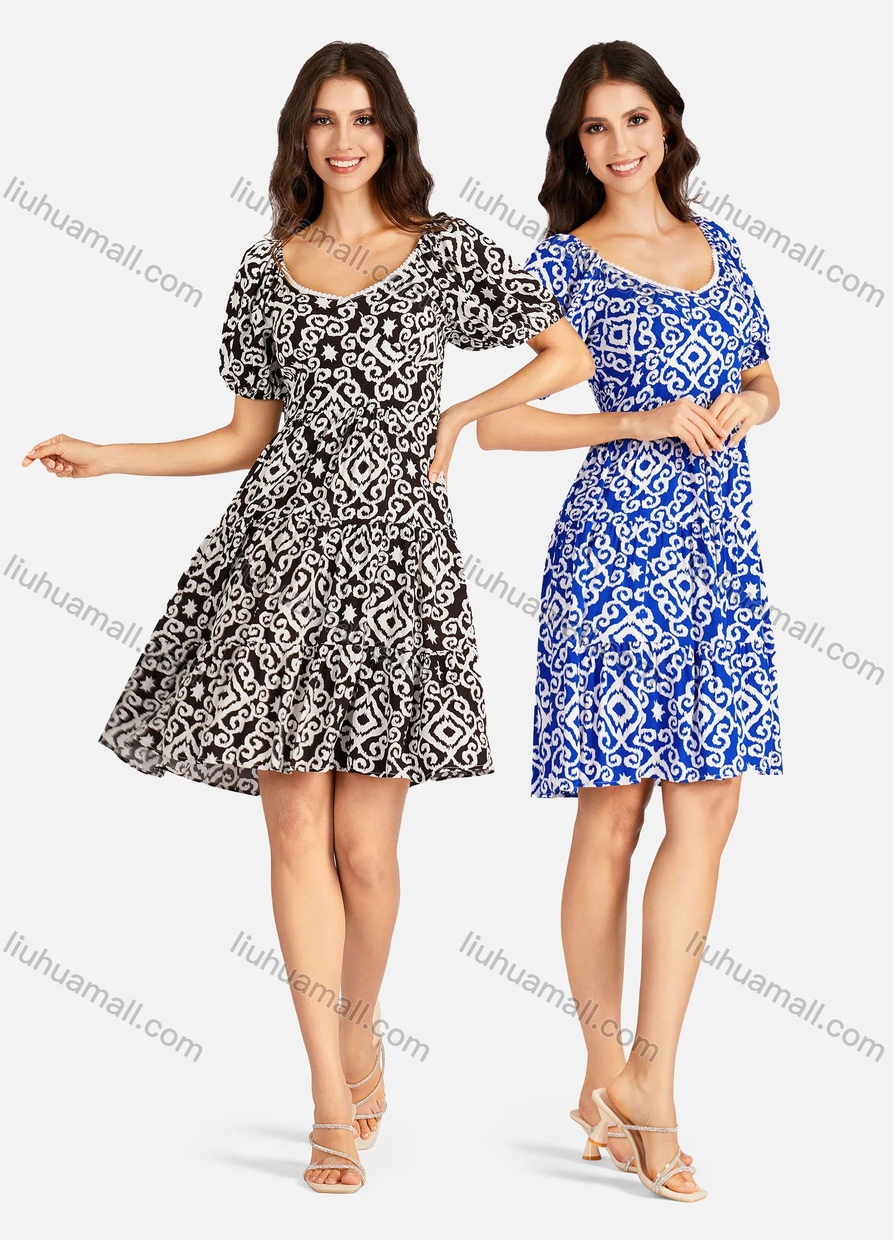 Wholesale Women's Elegant Vintage Print V Neck Lace Trim Shirred Puff Sleeve Ruffle Hem Short Dress