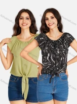 Wholesale Women's Casual Allover Print & Plain Bateau Neck Short Sleeve Buttons Down Tie Front Blouse, LIUHUA CLOTHING WHOLESALE