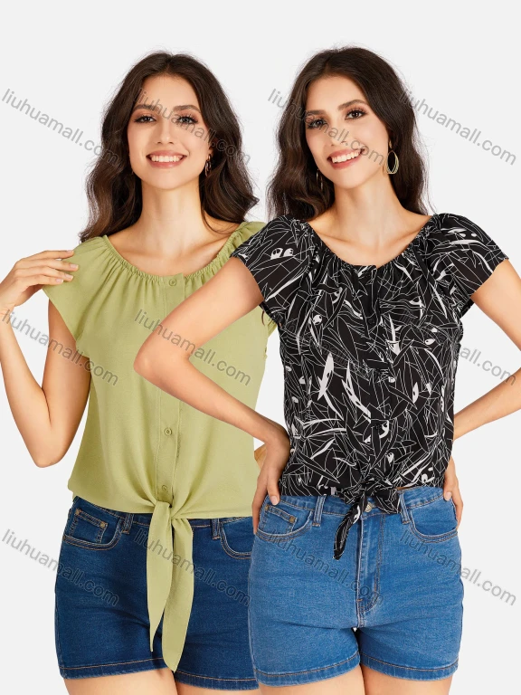 Wholesale Women's Casual Allover Print & Plain Bateau Neck Short Sleeve Buttons Down Tie Front Blouse