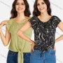 Wholesale Women's Casual Allover Print & Plain Bateau Neck Short Sleeve Buttons Down Tie Front Blouse preview