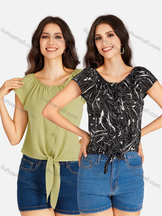 Wholesale Women's Casual Allover Print & Plain Bateau Neck Short Sleeve Buttons Down Tie Front Blouse, Guangzhou Clothing Wholesale Market & Suppliers - LIUHUAMALL, Women