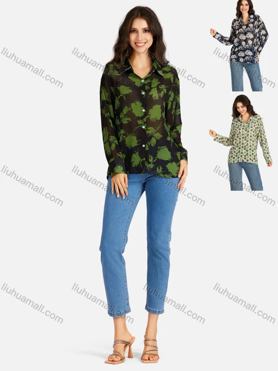 Wholesale Women's Casual Leaves & Floral Print Buttons Down Long Sleeve Shirt, Guangzhou Clothing Wholesale Market & Suppliers - LIUHUAMALL, Women