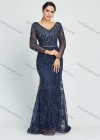 Wholesale Women's Elegant Lace Sleeve V Neck Rhinestone Lace Glamorous Mermaid Evening Dress - Liuhuamall