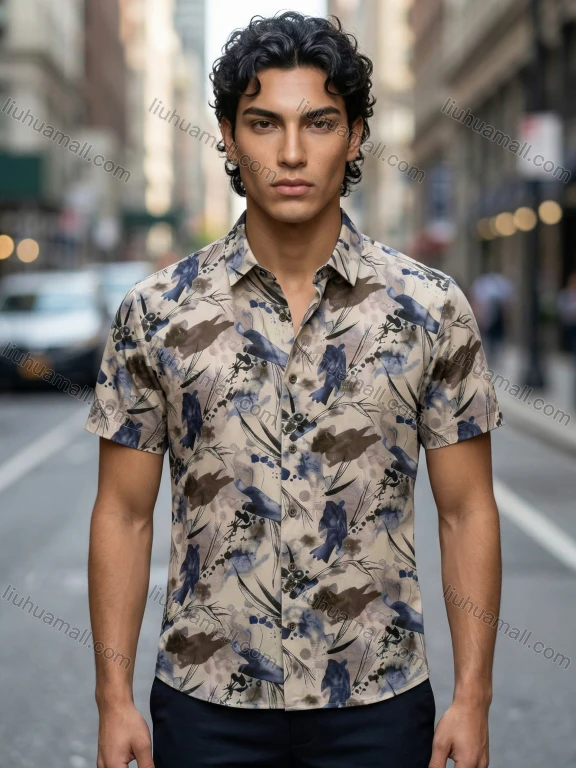 Wholesale 2026 New Men's Slim Fit Floral Print Short Sleeve Shirt, Watercolor Bird & Plant Pattern Business Casual Top | Wholesale