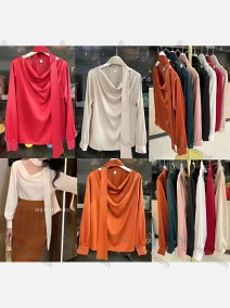 Wholesale Women's Casual Surplice Neck Long Sleeve Plain Blouse, LIUHUA CLOTHING WHOLESALE