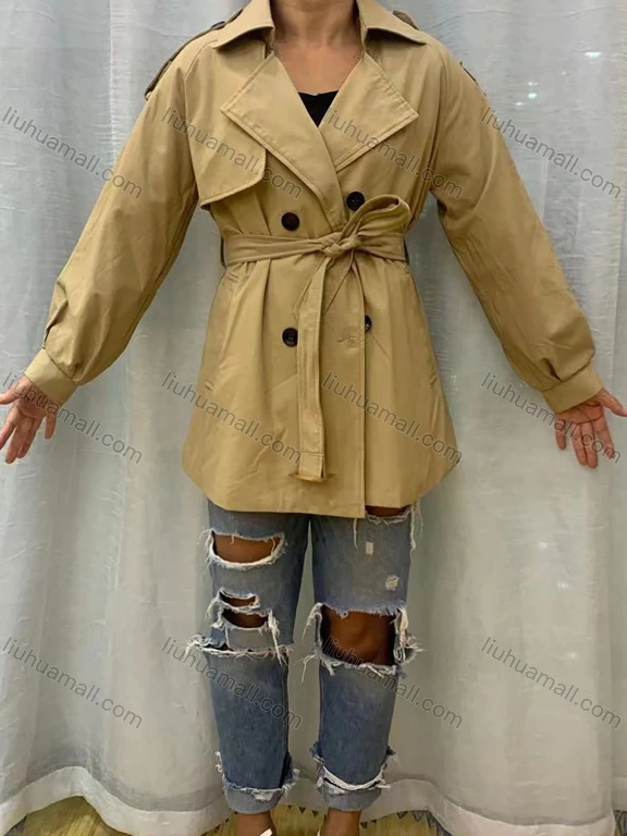 Wholesale Women's Lapel Straps Long Sleeve Buttons Belted Plain Trench Coat