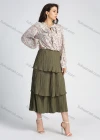 Wholesale Women's Chiffon Allover Floral Print Lantern Sleeve Tie Neck Ruffle Trim Blouse - Liuhuamall