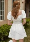 Wholesale Women's Retro Square Neck Puff Sleeve Open Back Shirred Ruffle Hem Plain Short Dress AY185# - Liuhuamall