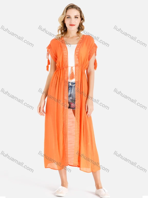 Wholesale Women's Casual Cap Sleeve Open Front Lace Trim Fringe Drawstring Plain Midi Cover Up