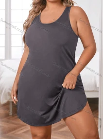 Wholesale Women's Milk Silk Plain Sleeveless Crew Neck Curved Hem Tank Lounge Short Nightdress DM1204#, LIUHUA CLOTHING WHOLESALE