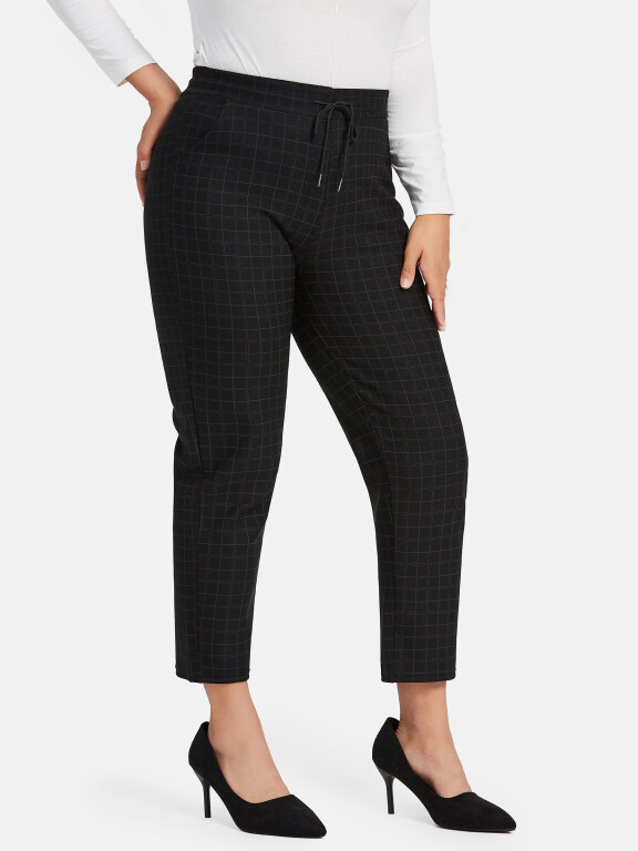 Women's Casual Plus Size High Elastic Plaid Print Stright Leg Pants With Drawstring 33108#, Clothing Wholesale Market -LIUHUA, WOMEN, Pants-Trousers