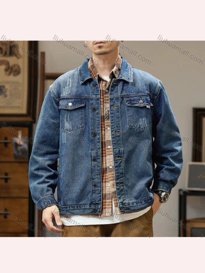 Wholesale Men's Casual Plain Shirt Collar Long Sleeve Button Down Denim Shirt Jacket
