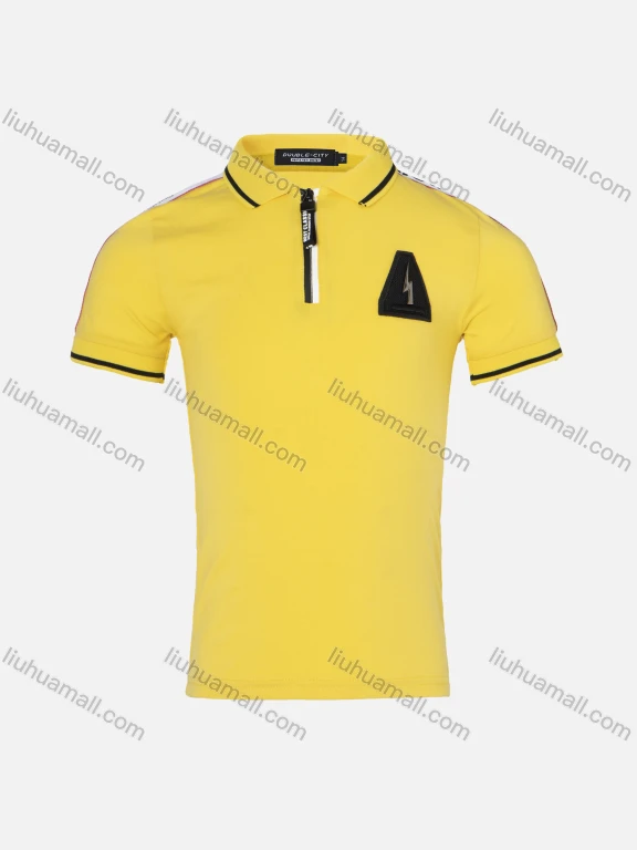 Wholesale Boys Casual Plain Striped Trim Zigzag Metal Embroidery Quarter Zip Polo Shirt