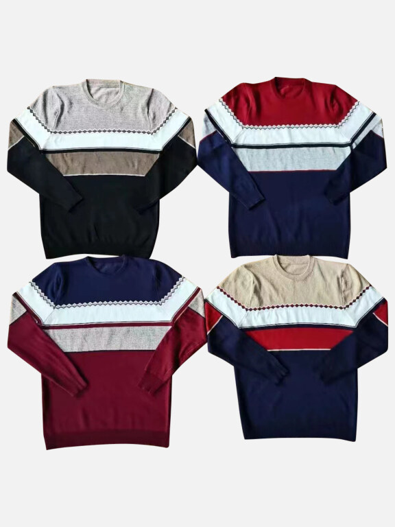 Men's Casual Crew Neck Long Sleeve Colorblock Knit Sweaters, Clothing Wholesale Market -LIUHUA, MEN, Sweaters-Knits