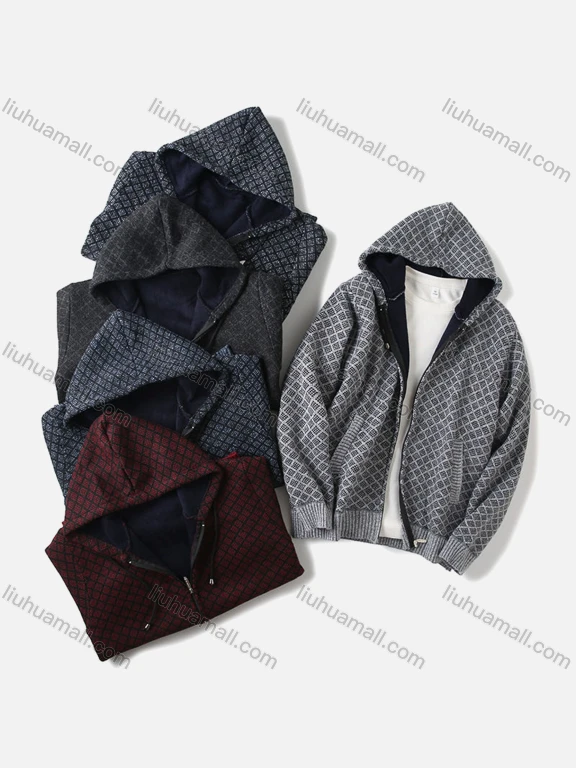 Wholesale Men's Casual Drawstring Long Sleeve Zip Hooded Sweater Knitted Jacket