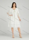 Wholesale Women's Casual Plain Eyelet Embroidered Tassel V Neck 3/4 Sleeve Dress A0975# - Liuhuamall